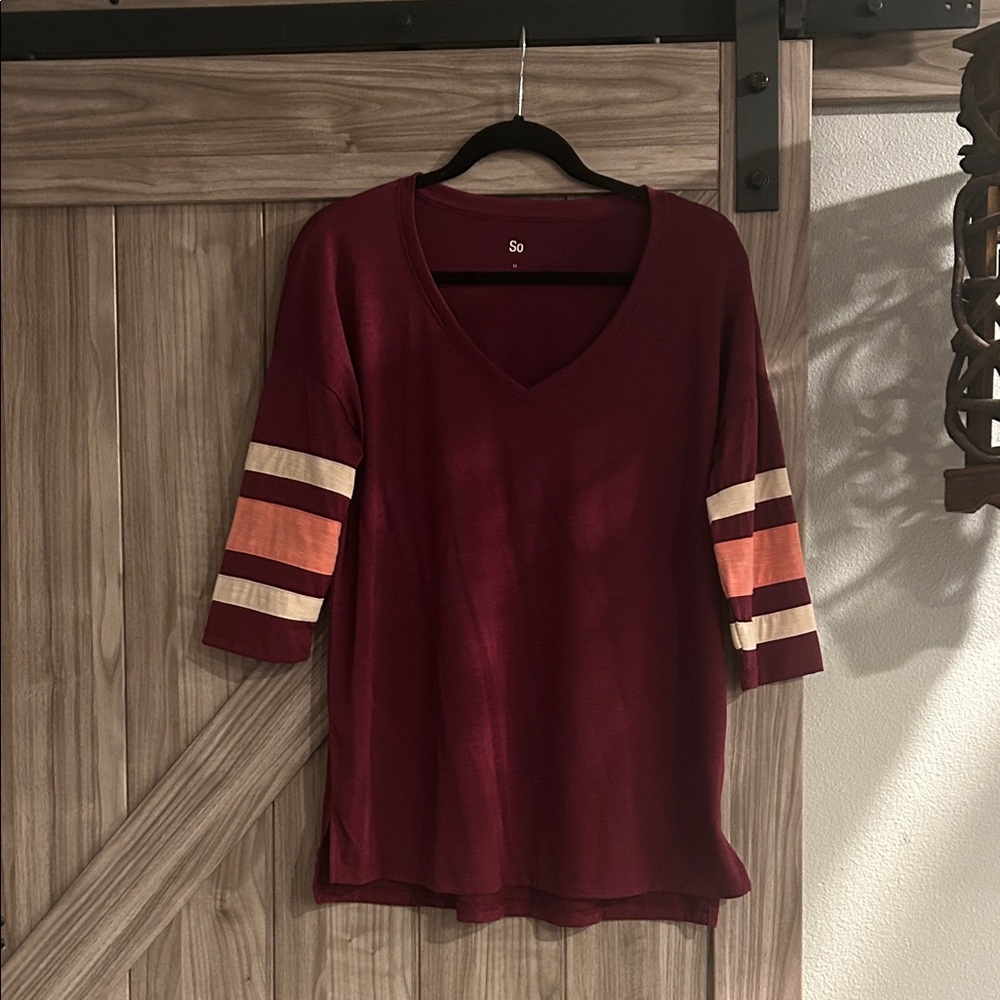 NWOT SO Women's Maroon Long Sleeve Top with Striped 1/4 Sleeves Size M
